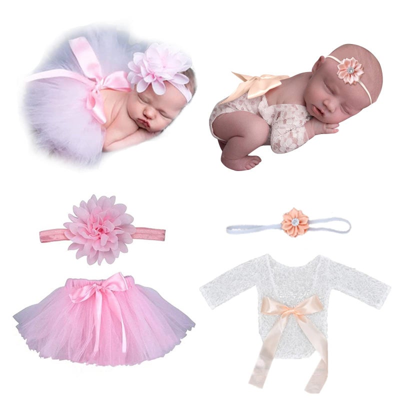 SPOKKI 4 PCS Newborn Photography Props Outfits-BabyTutu Skirt Cute Bow Headdress and Lace Rompers Sets for Infants Girl Boy - Image 1
